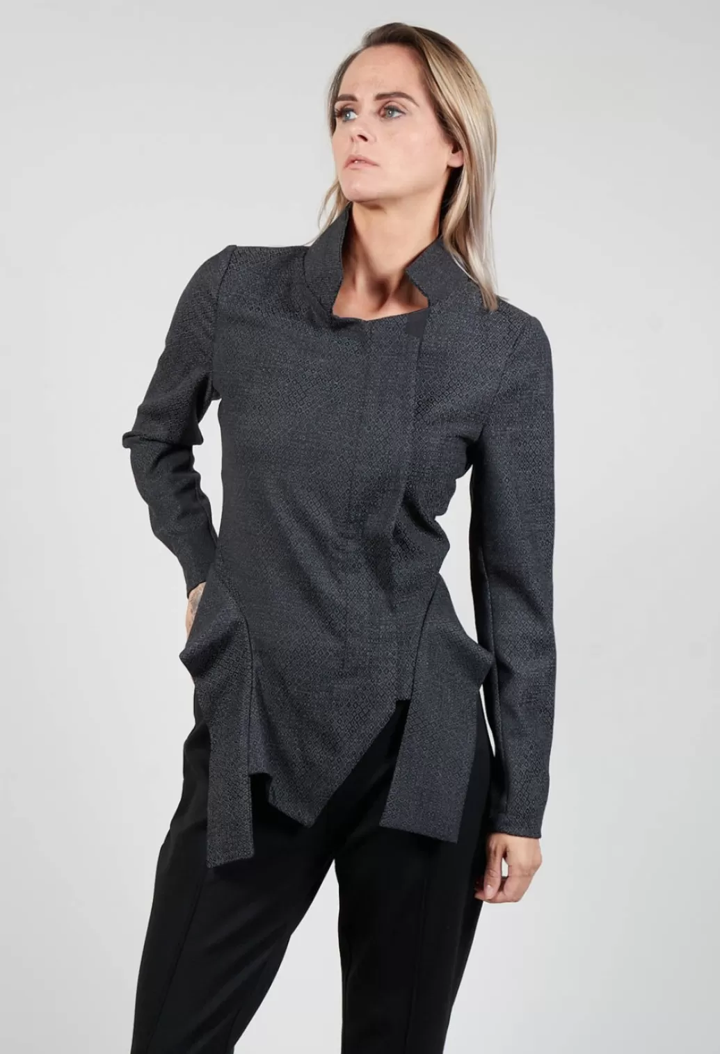 Jackets^Xenia Design Asymmetric Hem Jacket With Grey Black Print