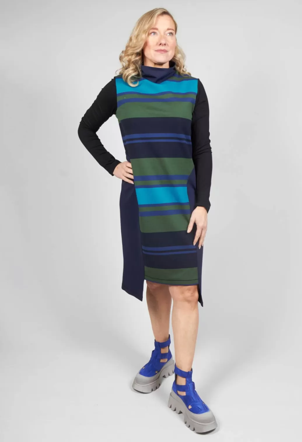Dresses^Xenia Design Bans Dress With Stripe Panneling In Blue Green Turqoise And Black