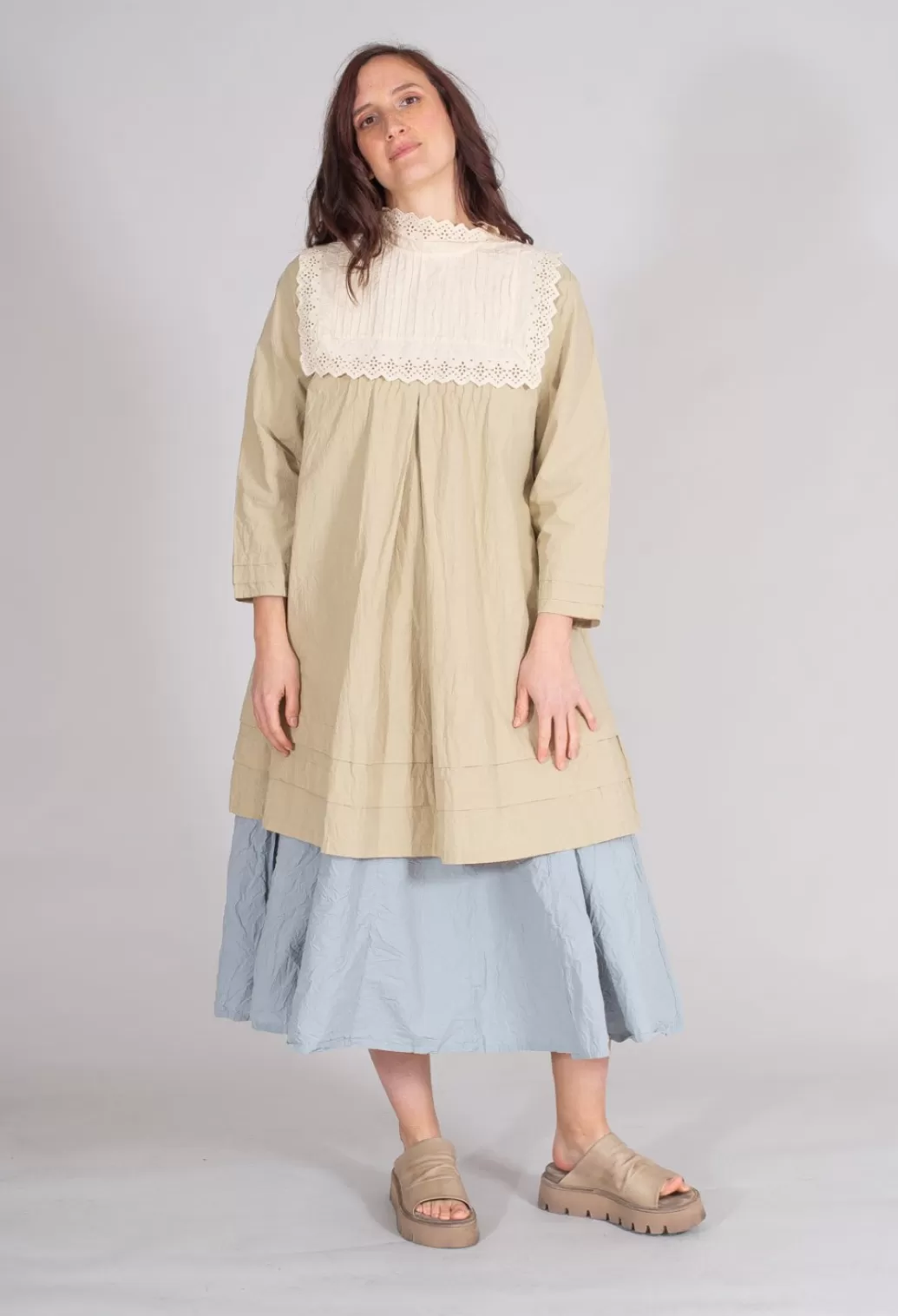 Dresses^Ewa I Walla Cotton Tunic Dress In Khaki With Detachable Bib