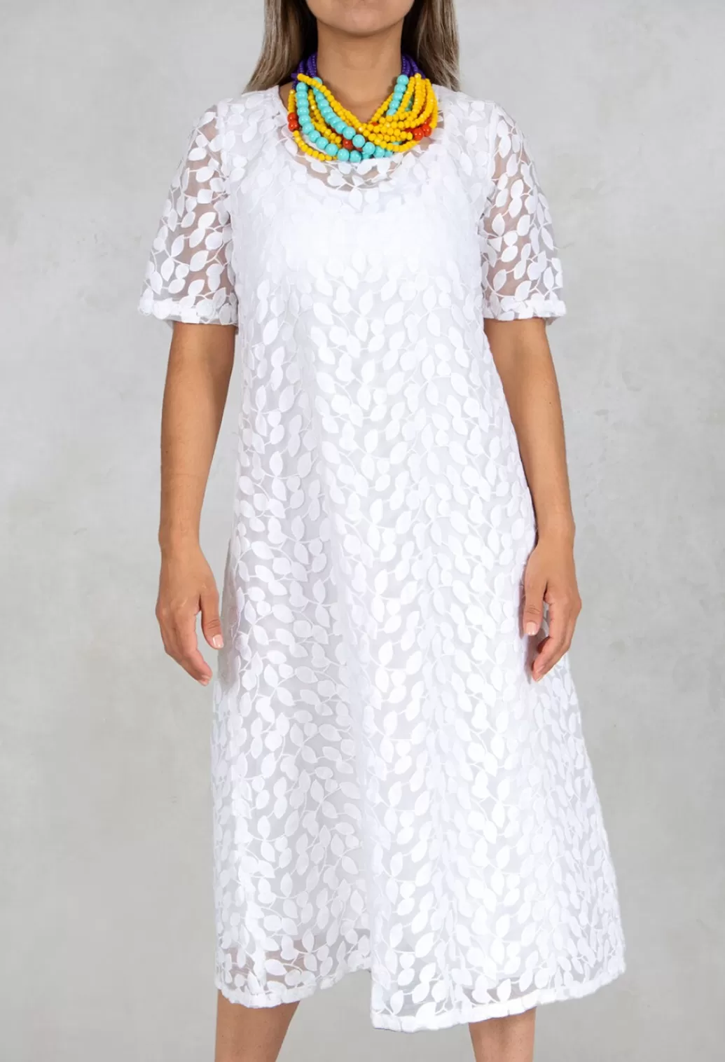 Dresses^Out of Xile Double Layered Midi Dress With Print In White