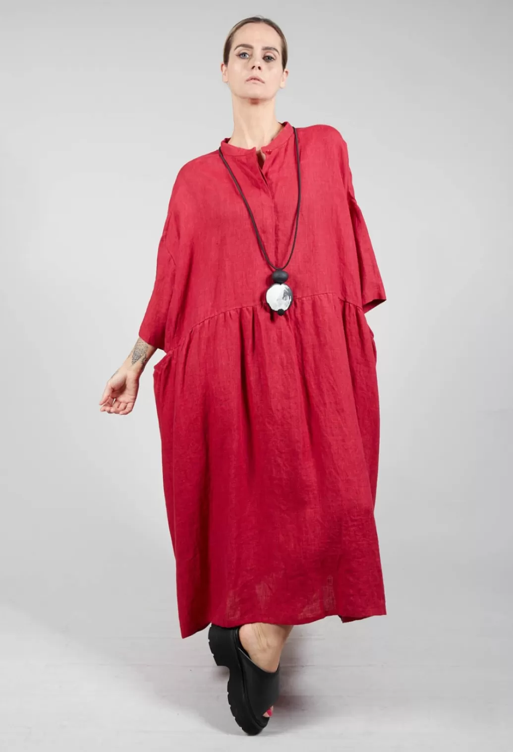 Dresses^SOH Grandad Collar Linen Dress In Red