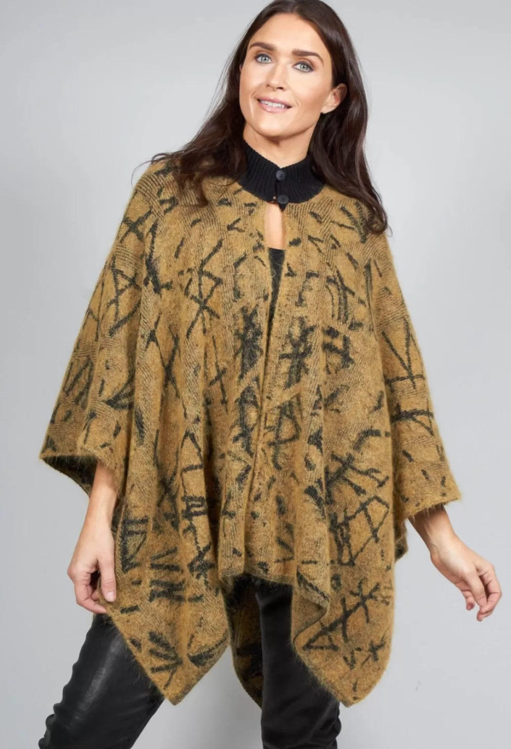 Jackets^Sarah Pacini High Button Neck Poncho With Black Pattern Detail In Mustard