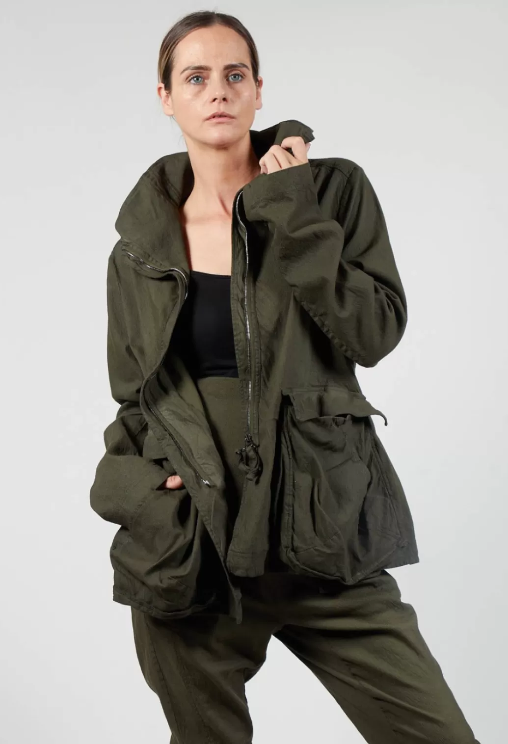 Jackets^Rundholz Dip High Neck Balloon Jacket With Statement Pockets In Olive