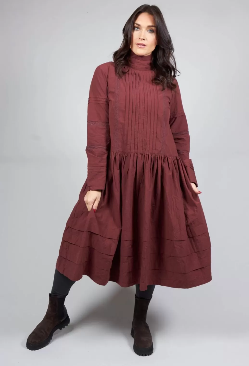 Dresses^Ewa I Walla High Neck Cotton Dress With Pin Tucks In Maroon