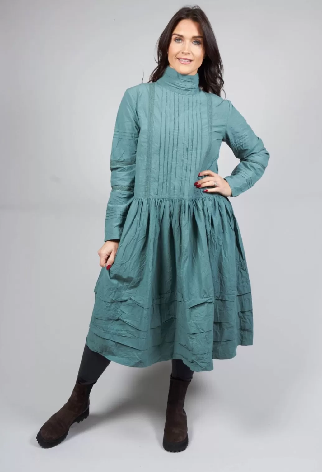 Dresses^Ewa I Walla High Neck Cotton Dress With Pintucks In Jade