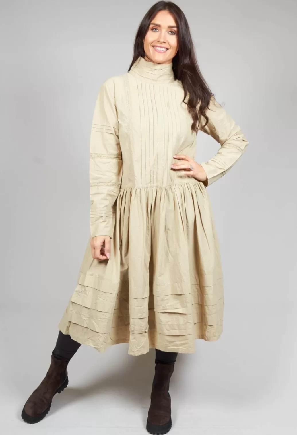 Dresses^Ewa I Walla High Neck Cotton Dress With Pintucks In Khaki