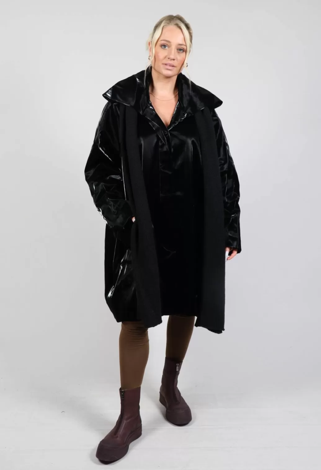 Coats^Rundholz Black Label High Shine Coat With Scarf In Black