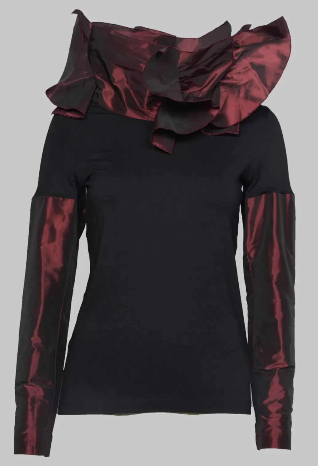 Shirts & Blouses^Xenia Design Jersey Top With Contrasting Sleeves And Neck In Black And Burgundy