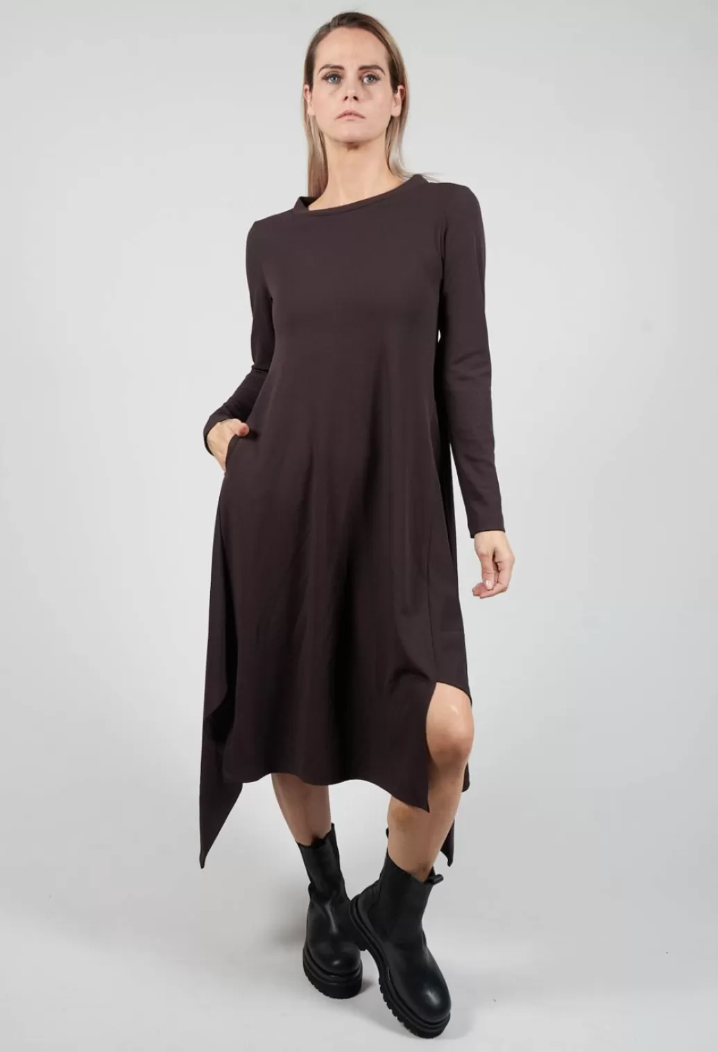 Dresses^Xenia Design Long Sleeve Dress With Front Splits In Dark Brown