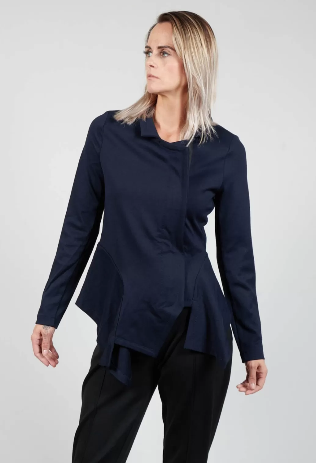 Jackets^Xenia Design Long Sleeve Jacket With Asymmetric Peplum Hem In Dark Blue