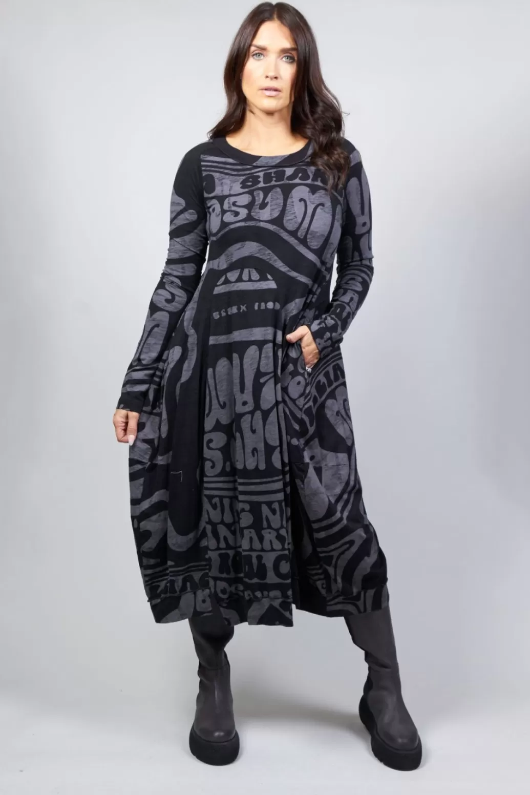 Dresses^Rundholz Black Label Long Sleeve Jersey Dress With Fabric Overlay In Black Print