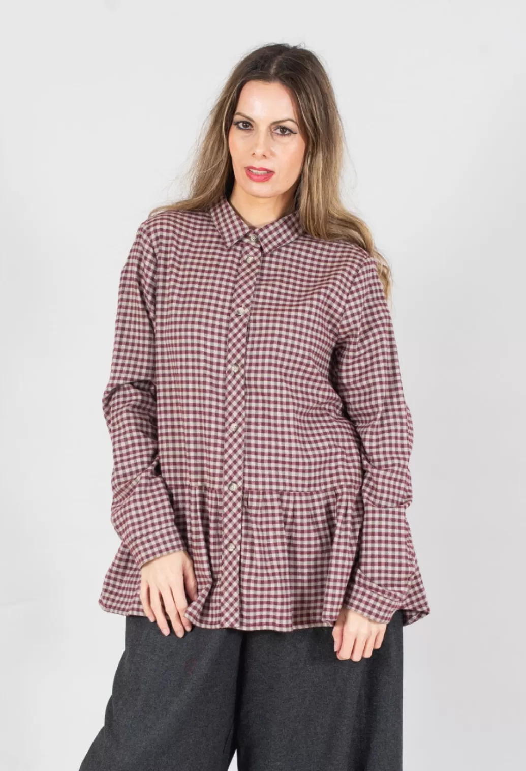 Shirts & Blouses^Mes Soeurs & Moi Long Sleeve Shirt With Flared Hem In Burgundy Check