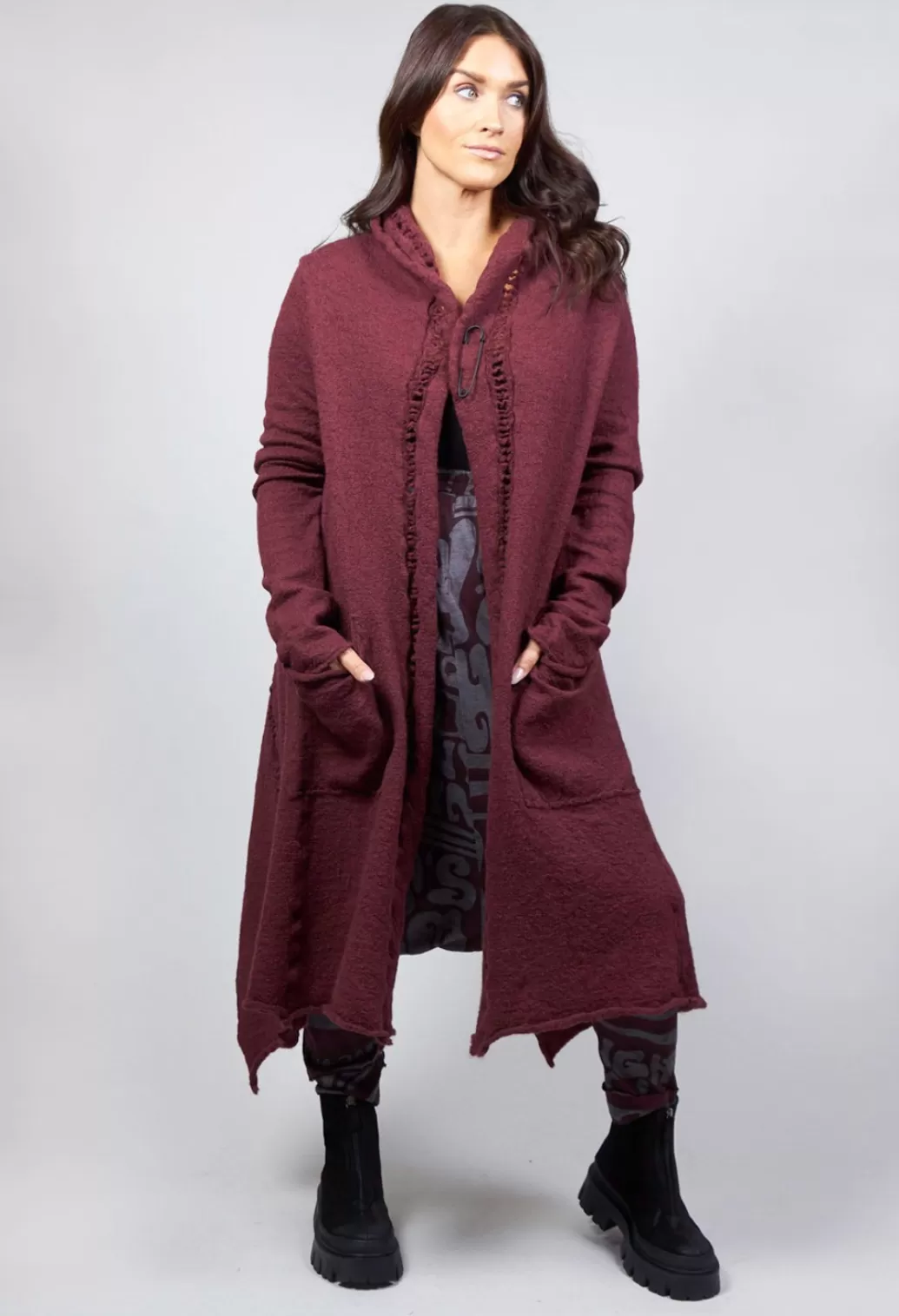 Coats^Rundholz Black Label Long Sleeved Cardigan With Asymmetric Hem In Wine