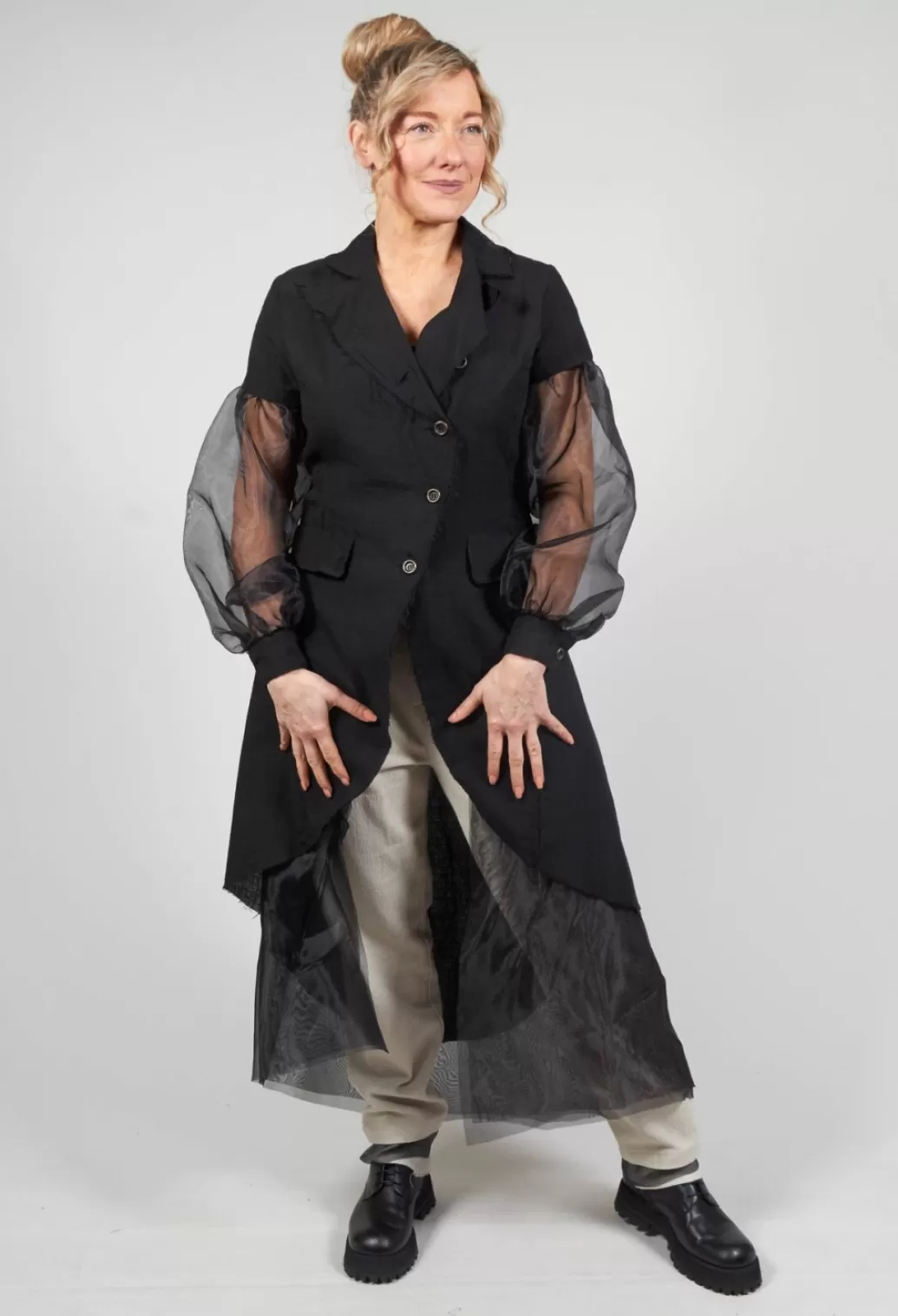 Jackets^Sanctamuerte Longline Coat With Organza Sleeves In Nero