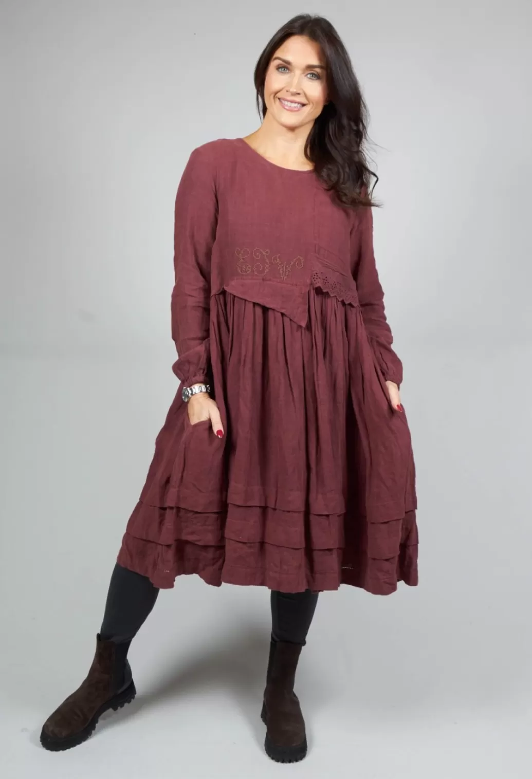 Dresses^Ewa I Walla Maroon Cotton Dress With Emboidery Front Panel Detail