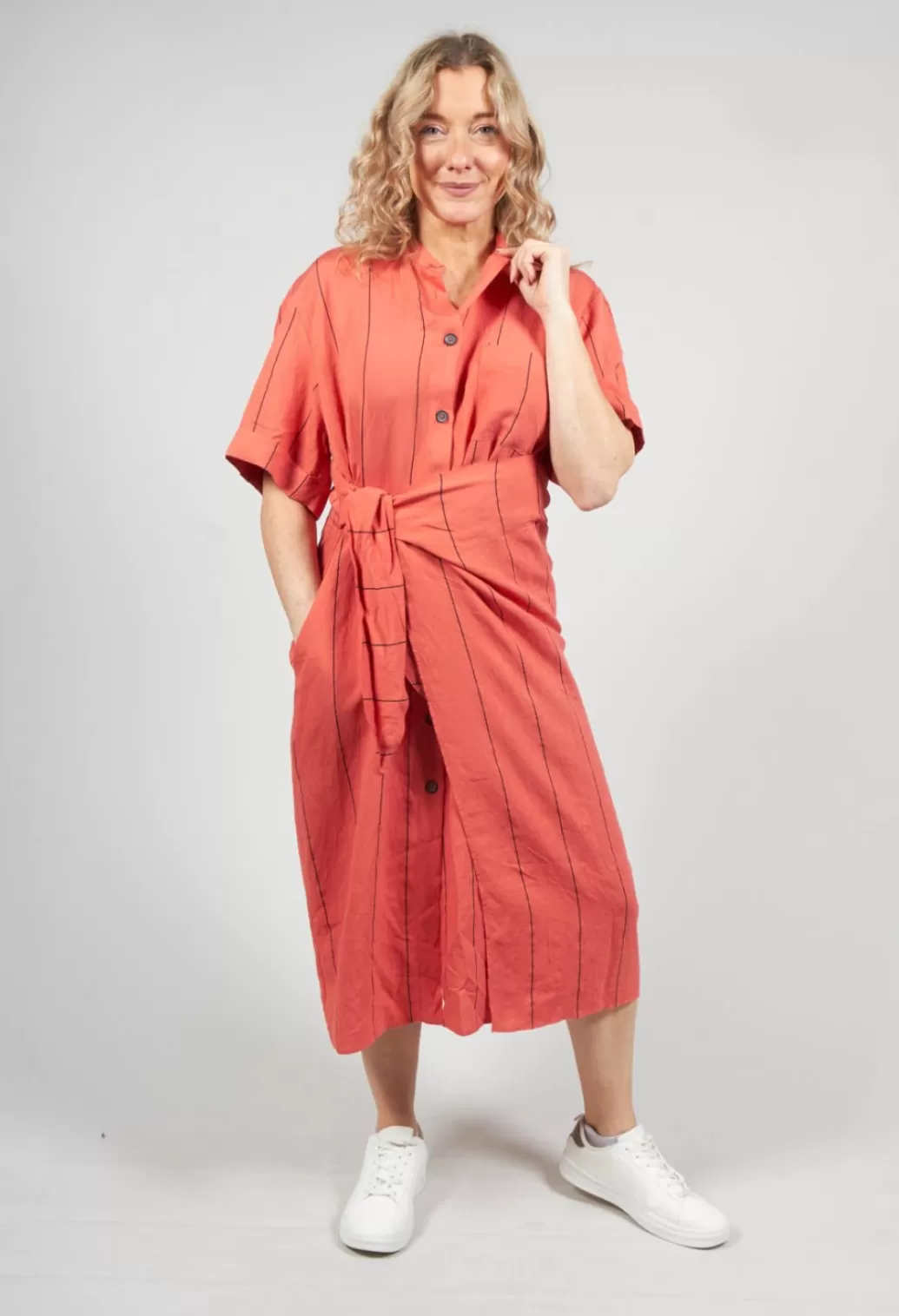 Dresses^Crea Concept Midi Shirt Dress With Tie Over In Coral And Black Stripe