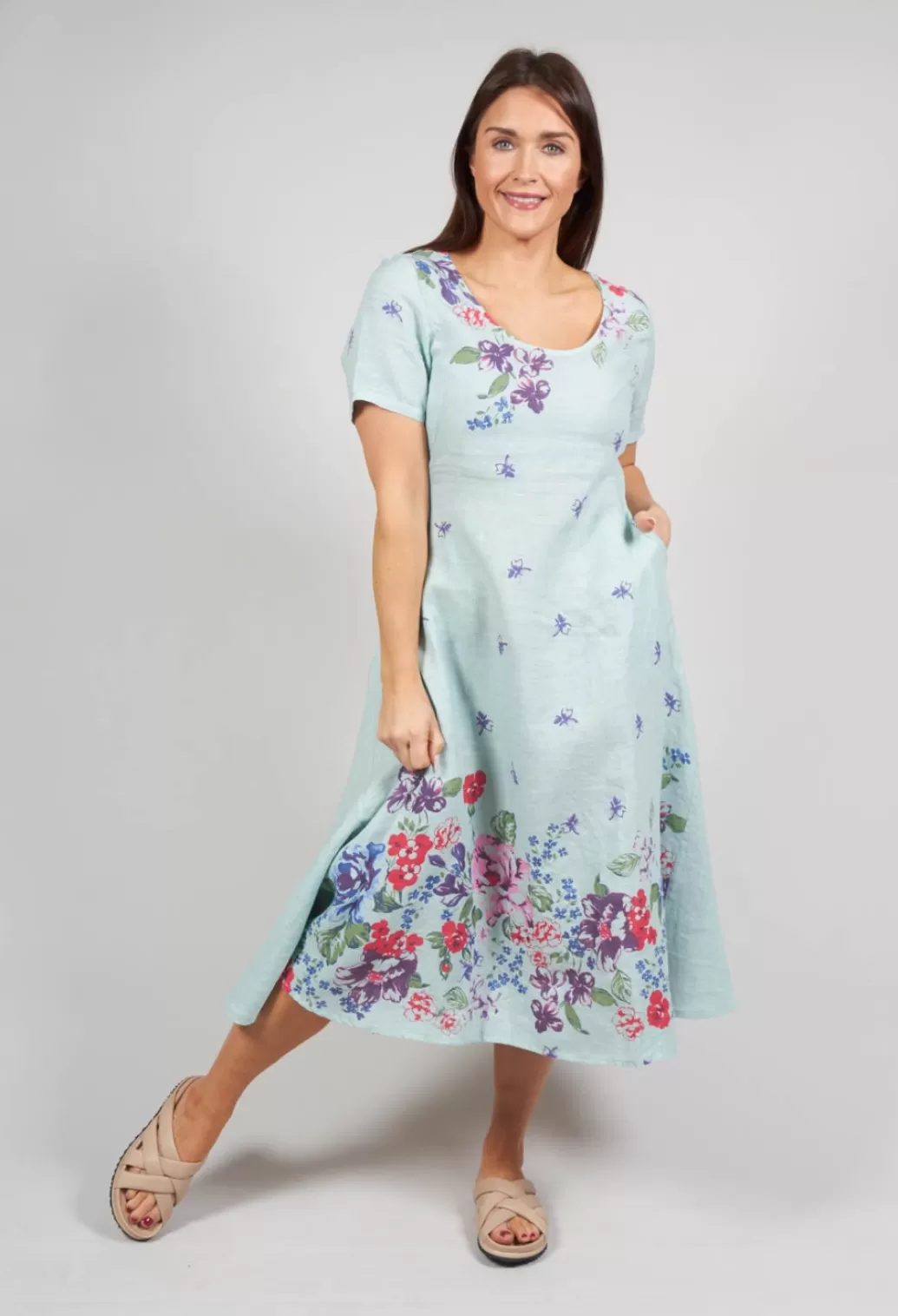 Dresses^Blueberry Multi Coloured Placement Pintround Neck Linen Dress In Aqua