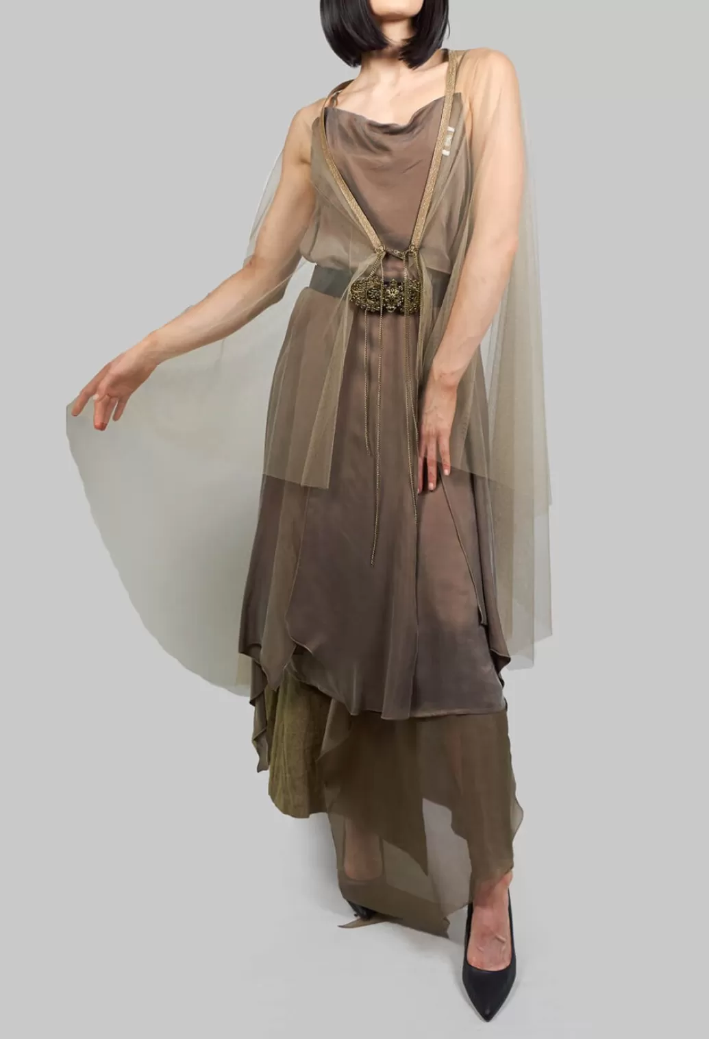 Dresses^T.ba Multilayed Dress With Asymmetric Neckline In Khaki