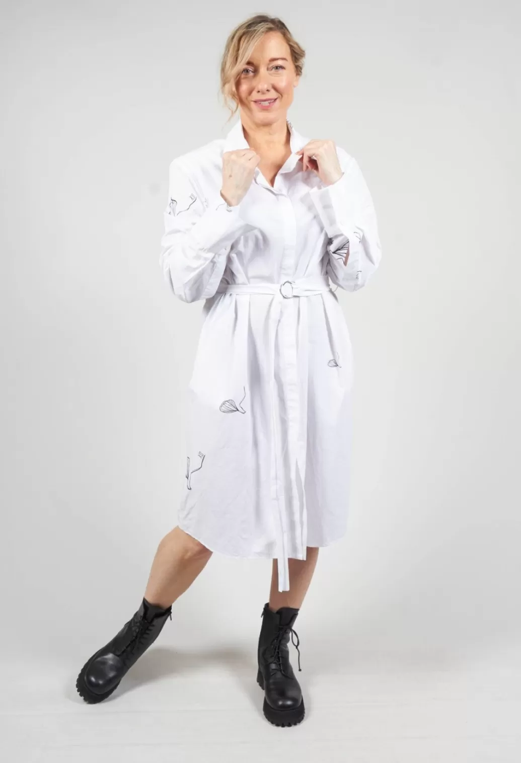 Dresses^Xenia Design Oversized Belted Shirt Dress With Pattern In White