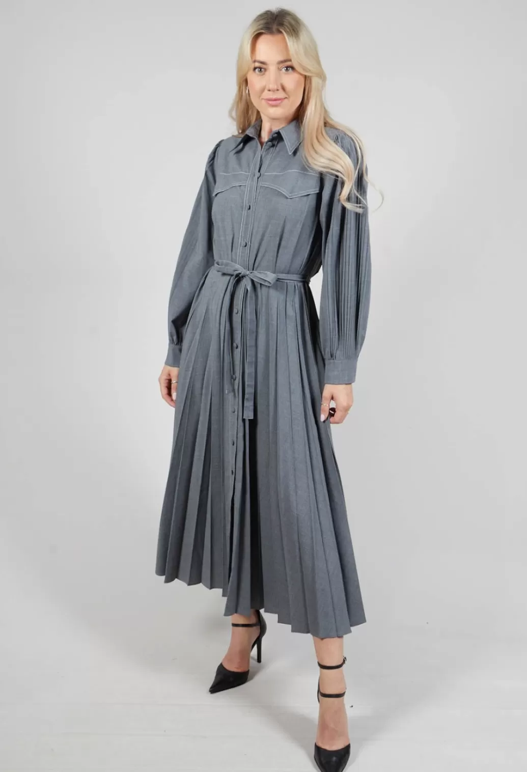 Dresses^Beatrice B Pleated Shirt Dress With Long Sleeves In Grey