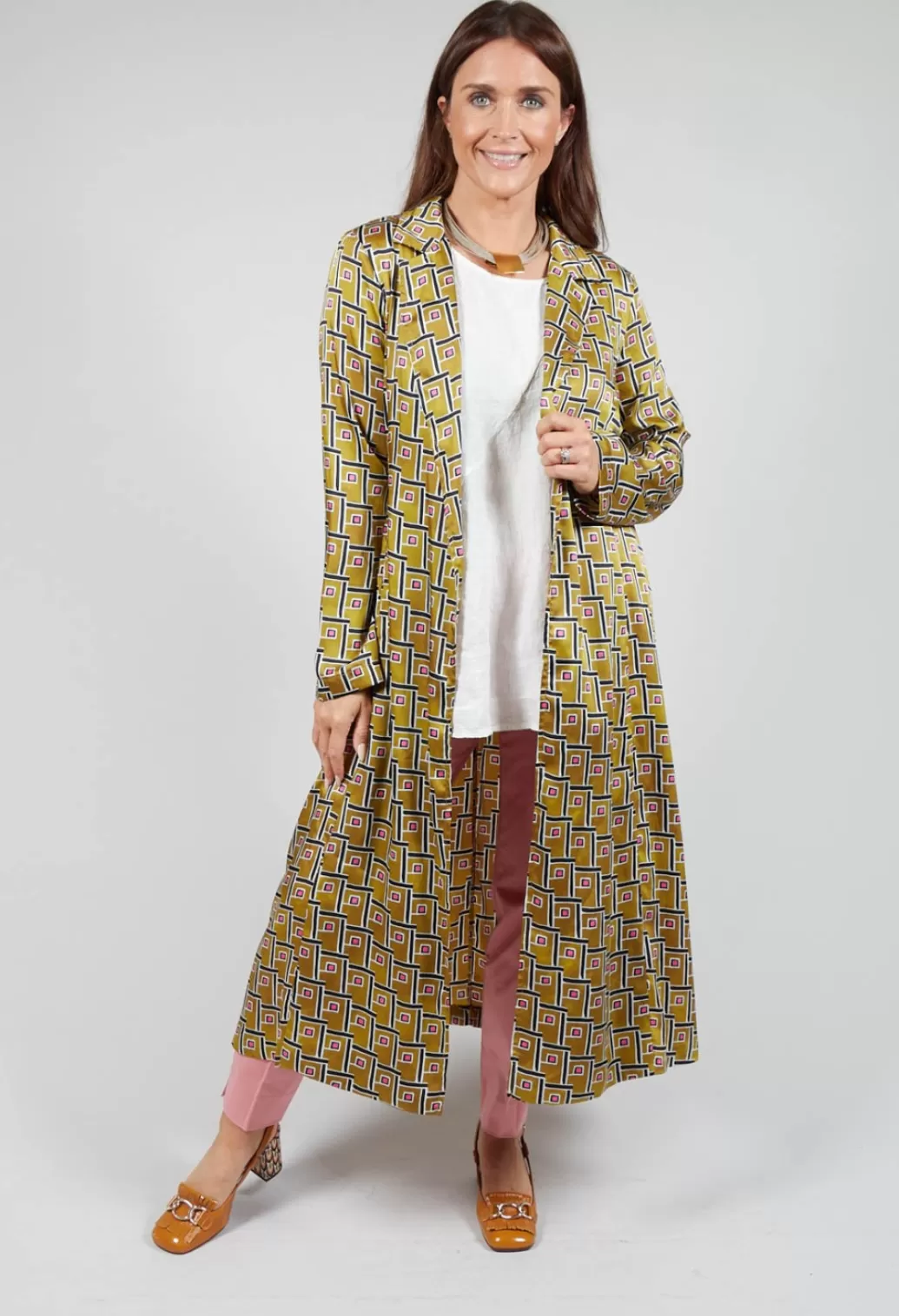 Coats^Maliparmi Printed Duster Coat In Senape/Fuxia