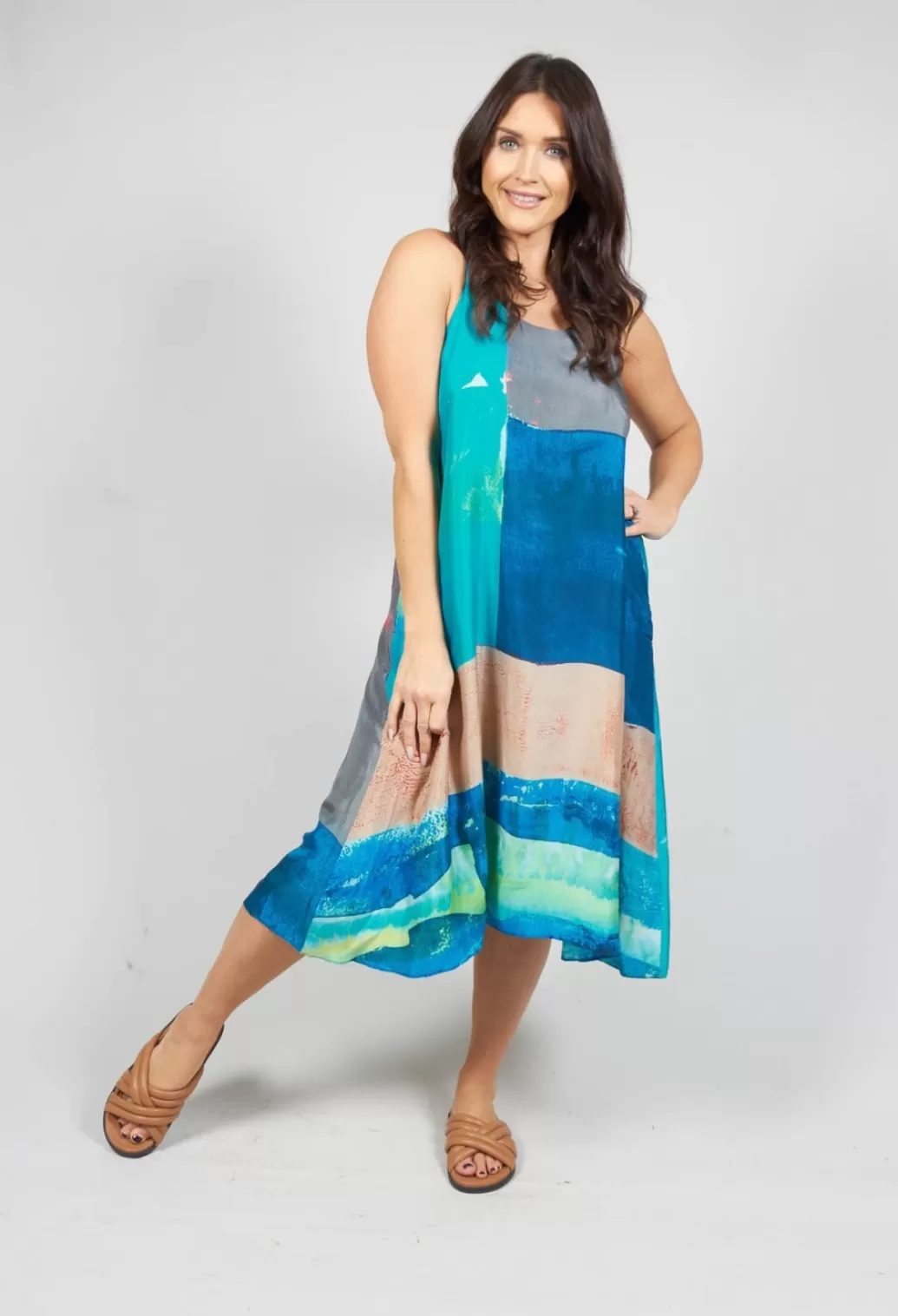 Dresses^Traces of Me Racer Back Silk Dress With Bold Blue Print