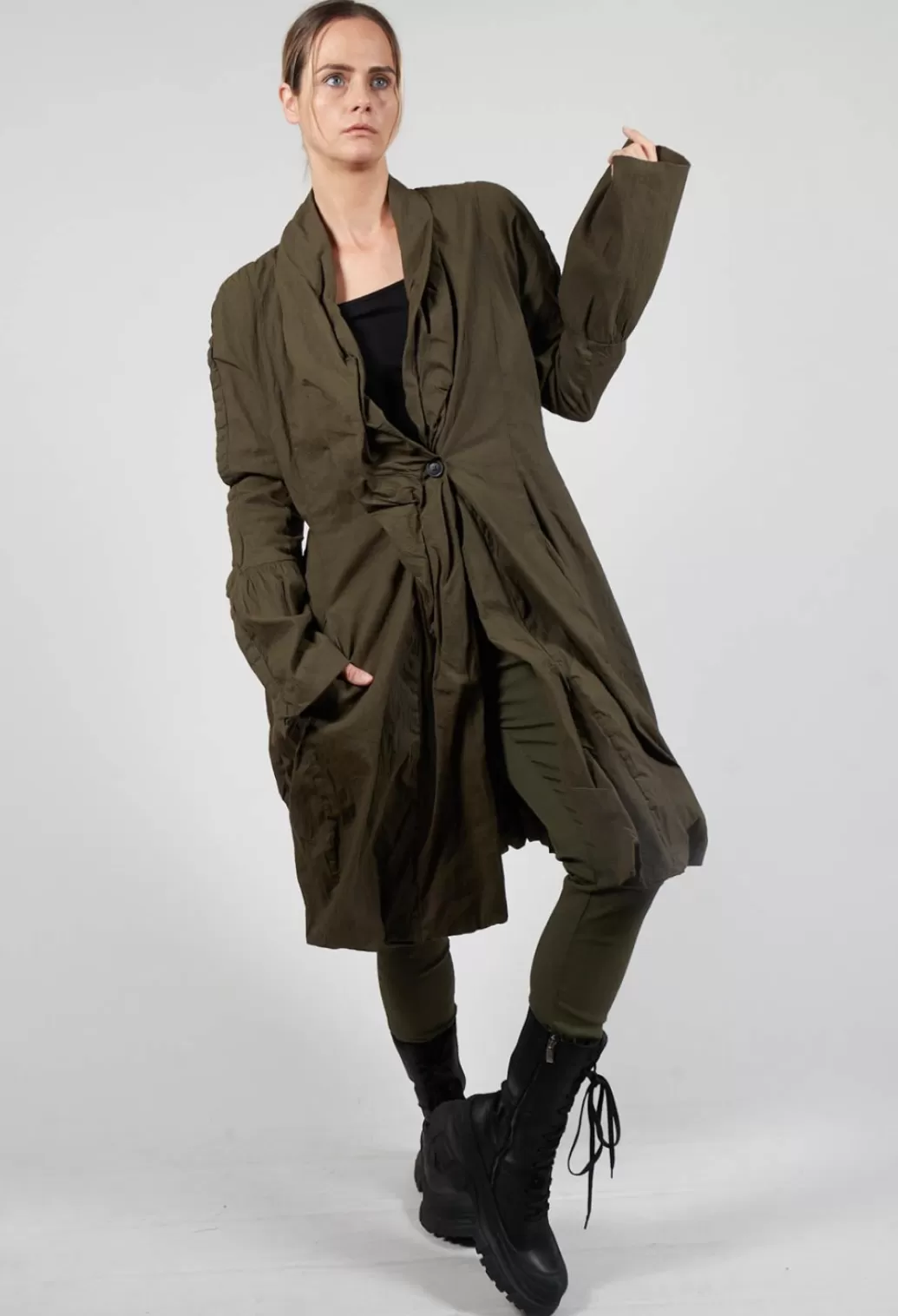 Coats^Rundholz Dip Ruched Fabric Collar Coat With Statement Sleeves In Khaki