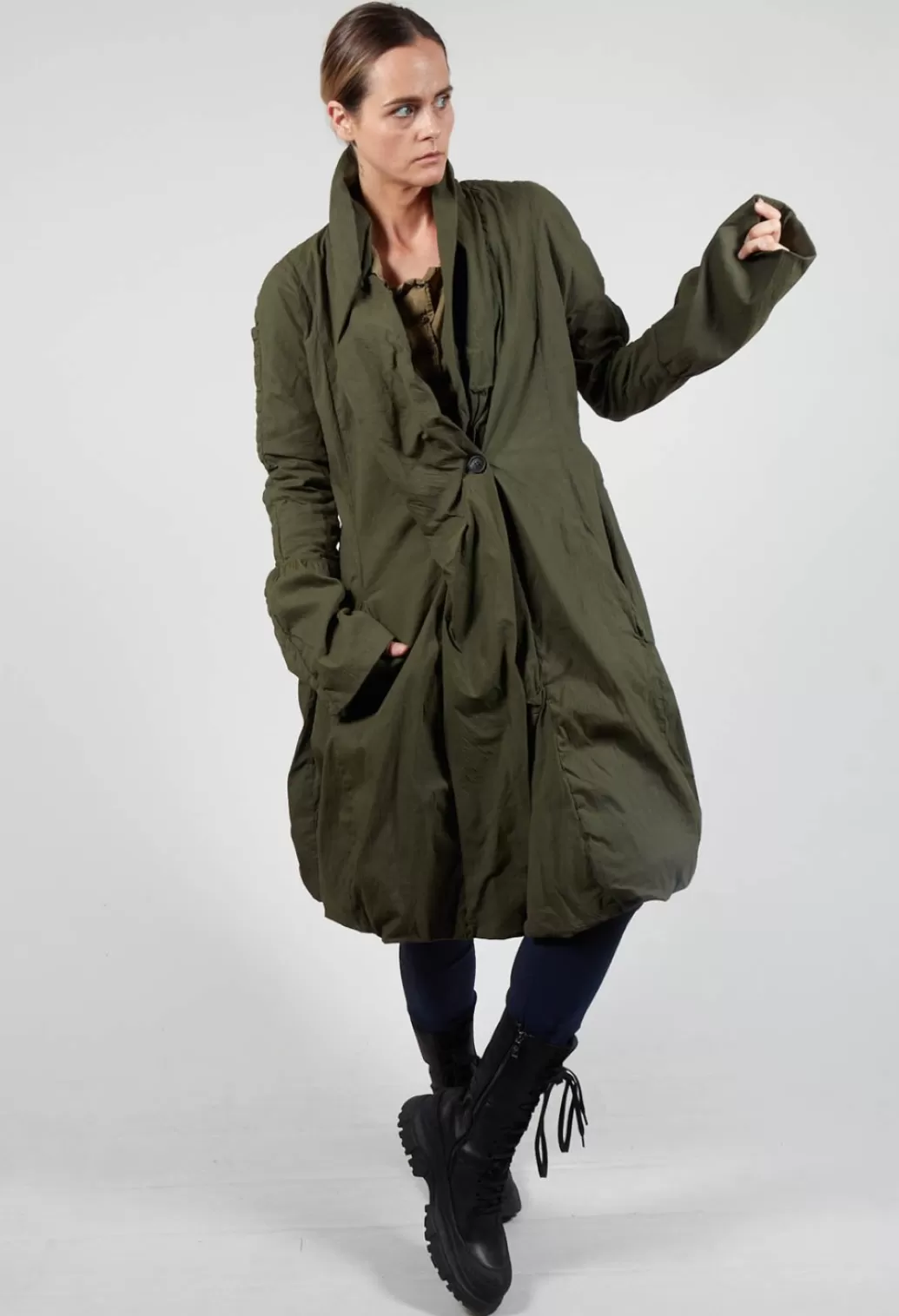 Coats^Rundholz Dip Ruched Fabric Collar Coat With Statement Sleeves In Olive