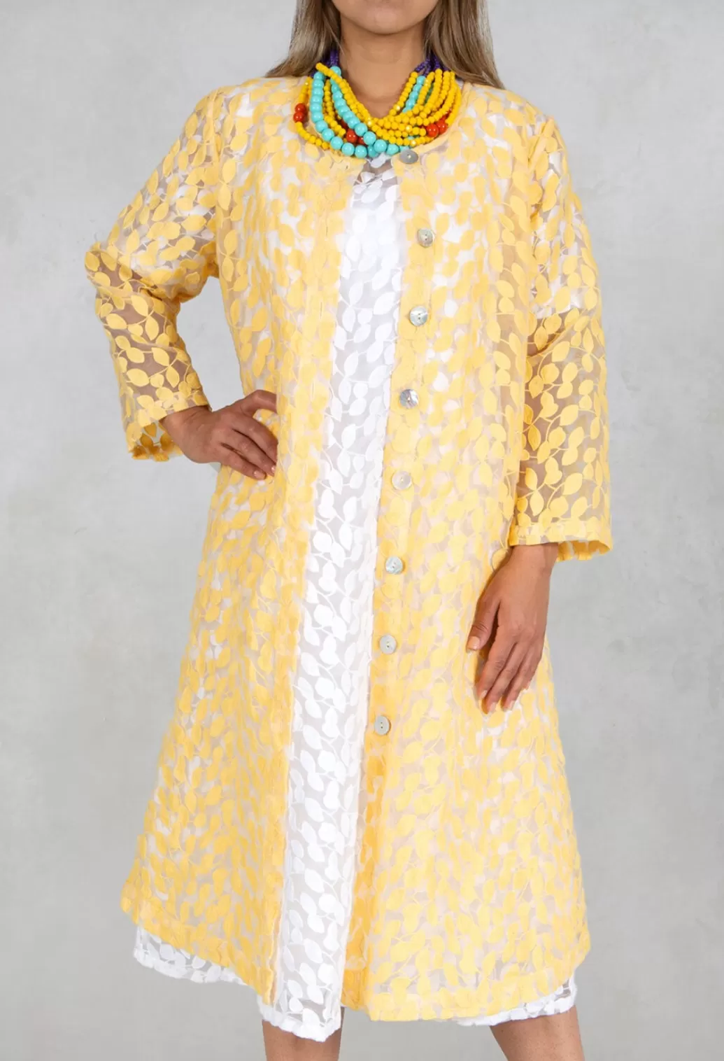 Coats^Out of Xile Sheer Printed Midi Coat With Button Front In Sorbet