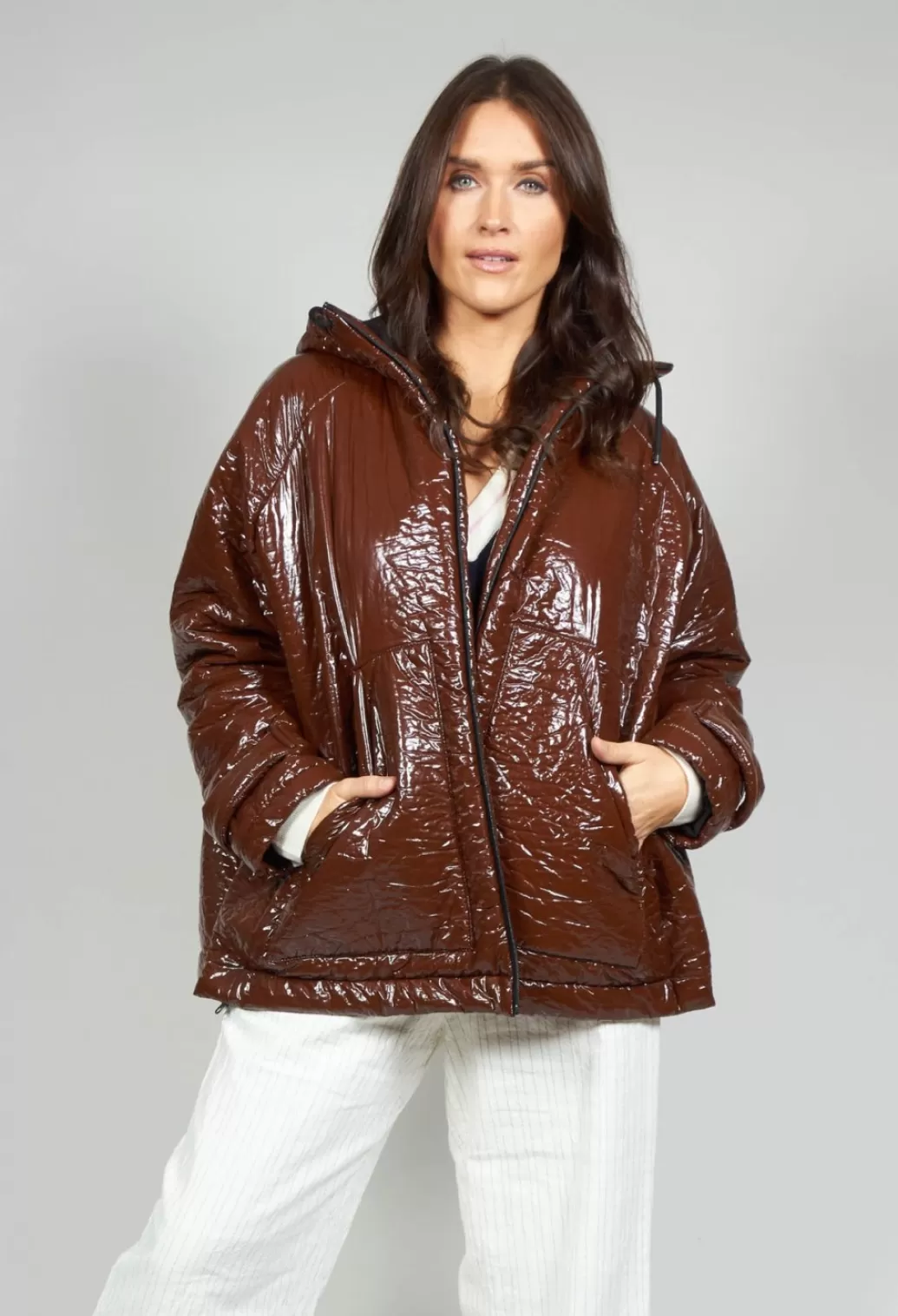 Jackets^Collectors Club Short A Line Jacket With Hood In Glossy Mahony