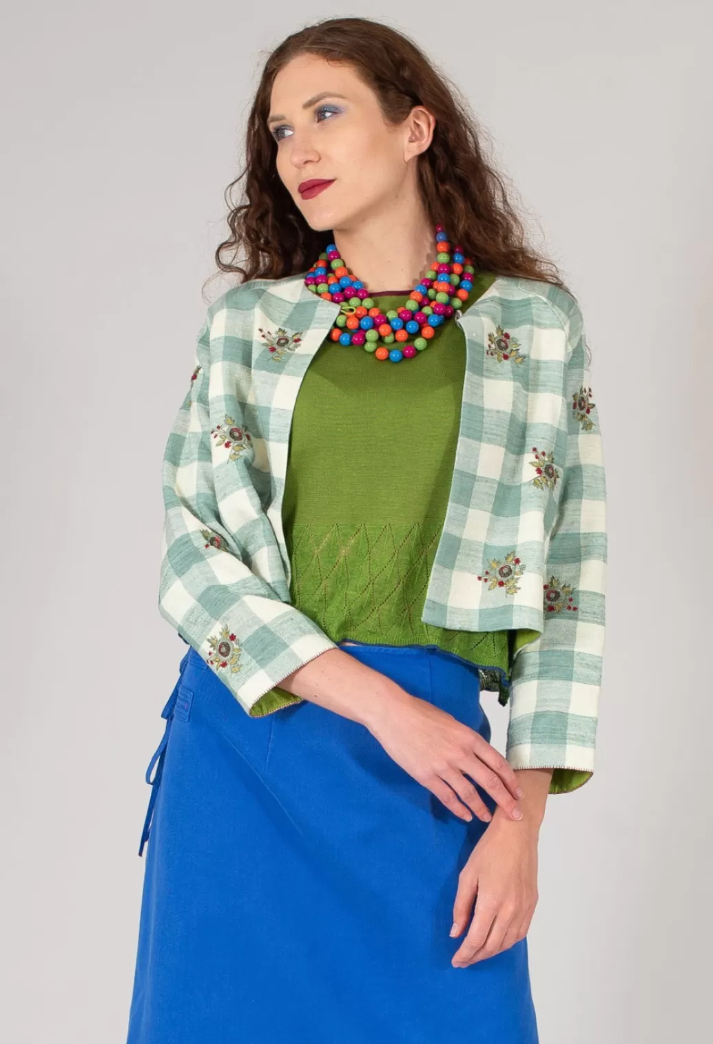 Jackets^Traces of Me Square Flower Chess Bolero In Blue Jade