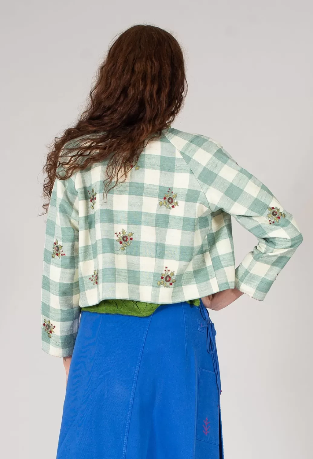 Jackets^Traces of Me Square Flower Chess Bolero In Blue Jade