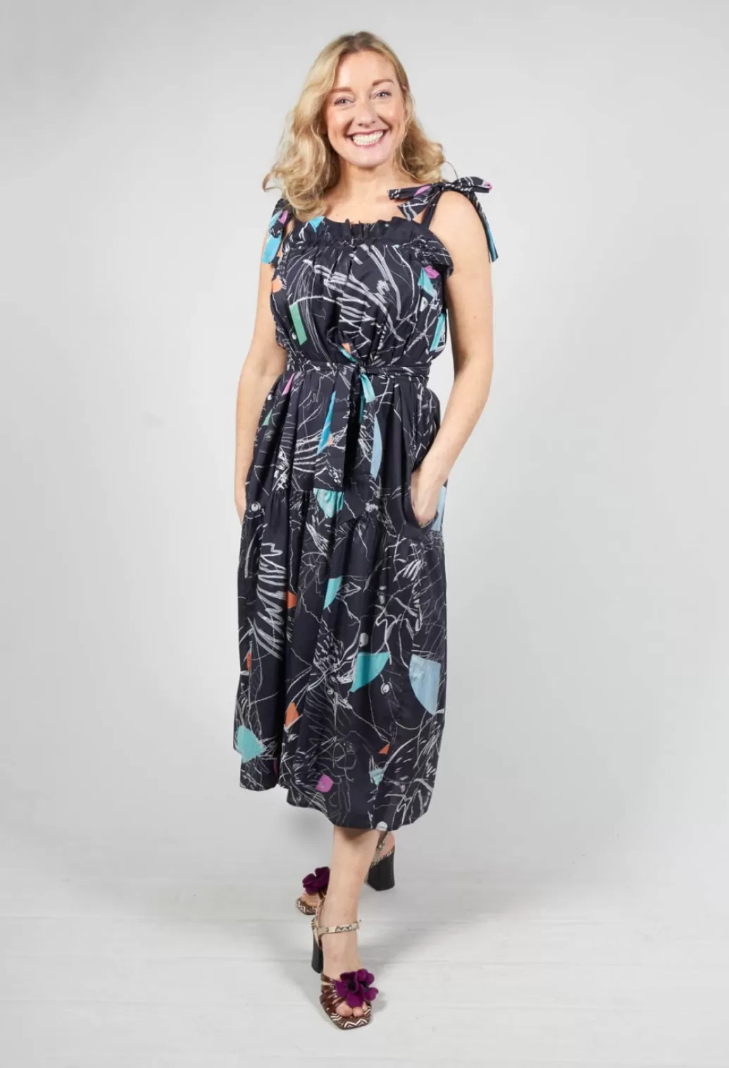 Dresses^Sara Roka Strappy Dress In Print Birds Ground Black