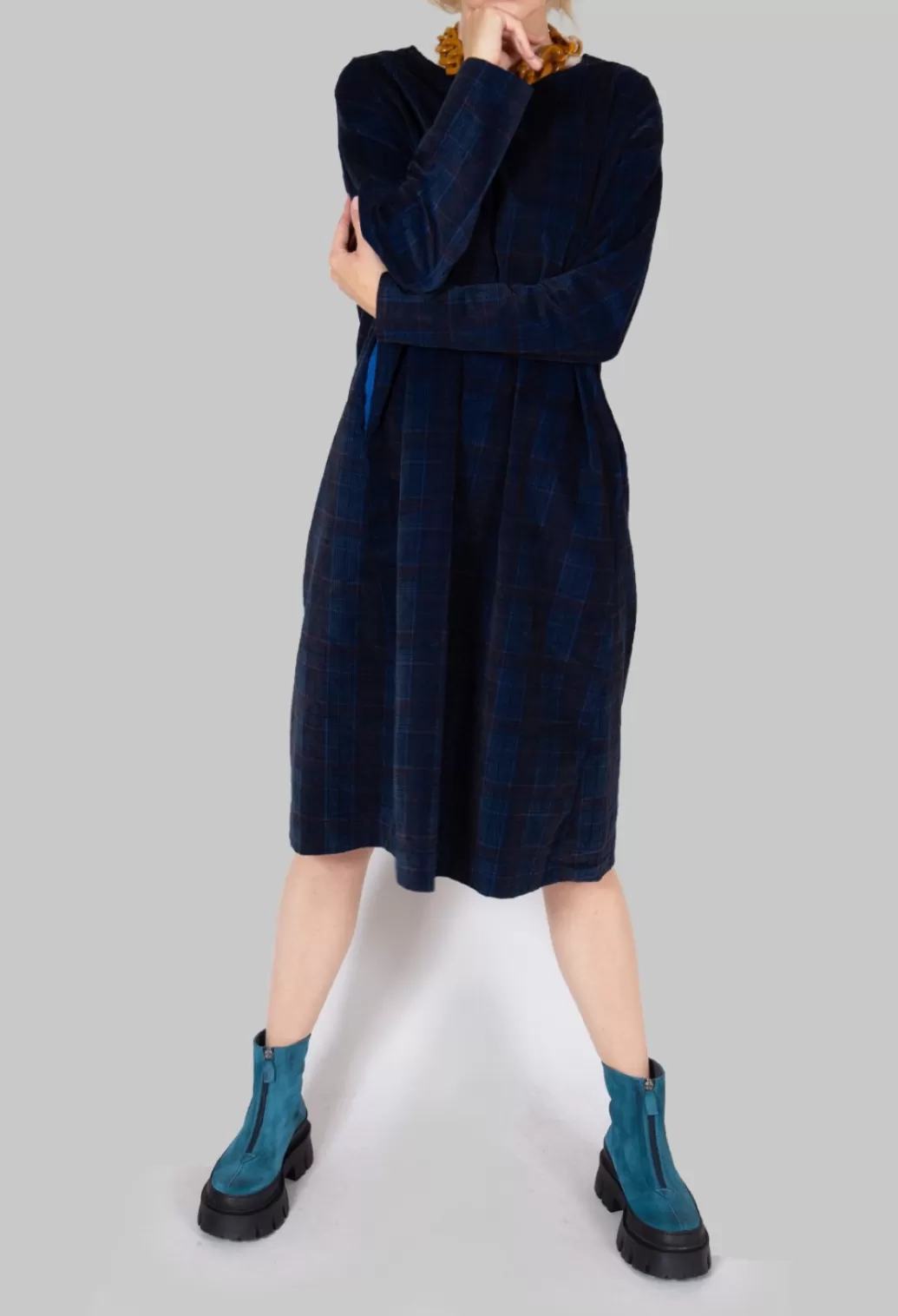 Dresses^Album Di Famiglia Tartan Velvet T Dress In Navy