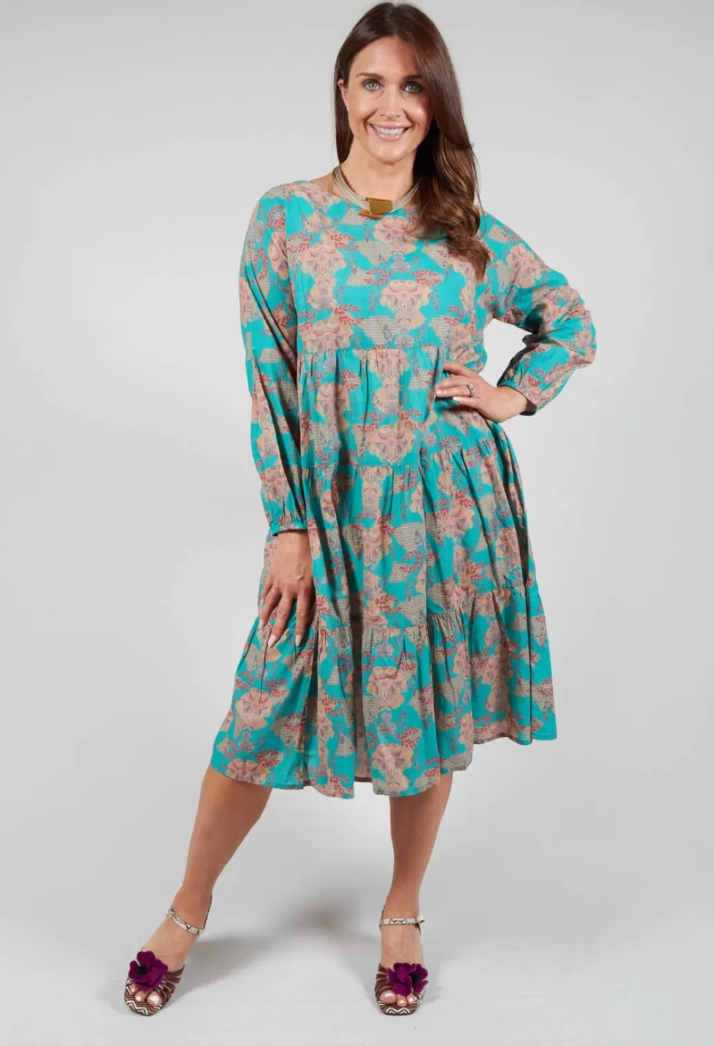 Dresses^Rubicon Tiered Vision Of Love Dress In Turquoise With All Over Print