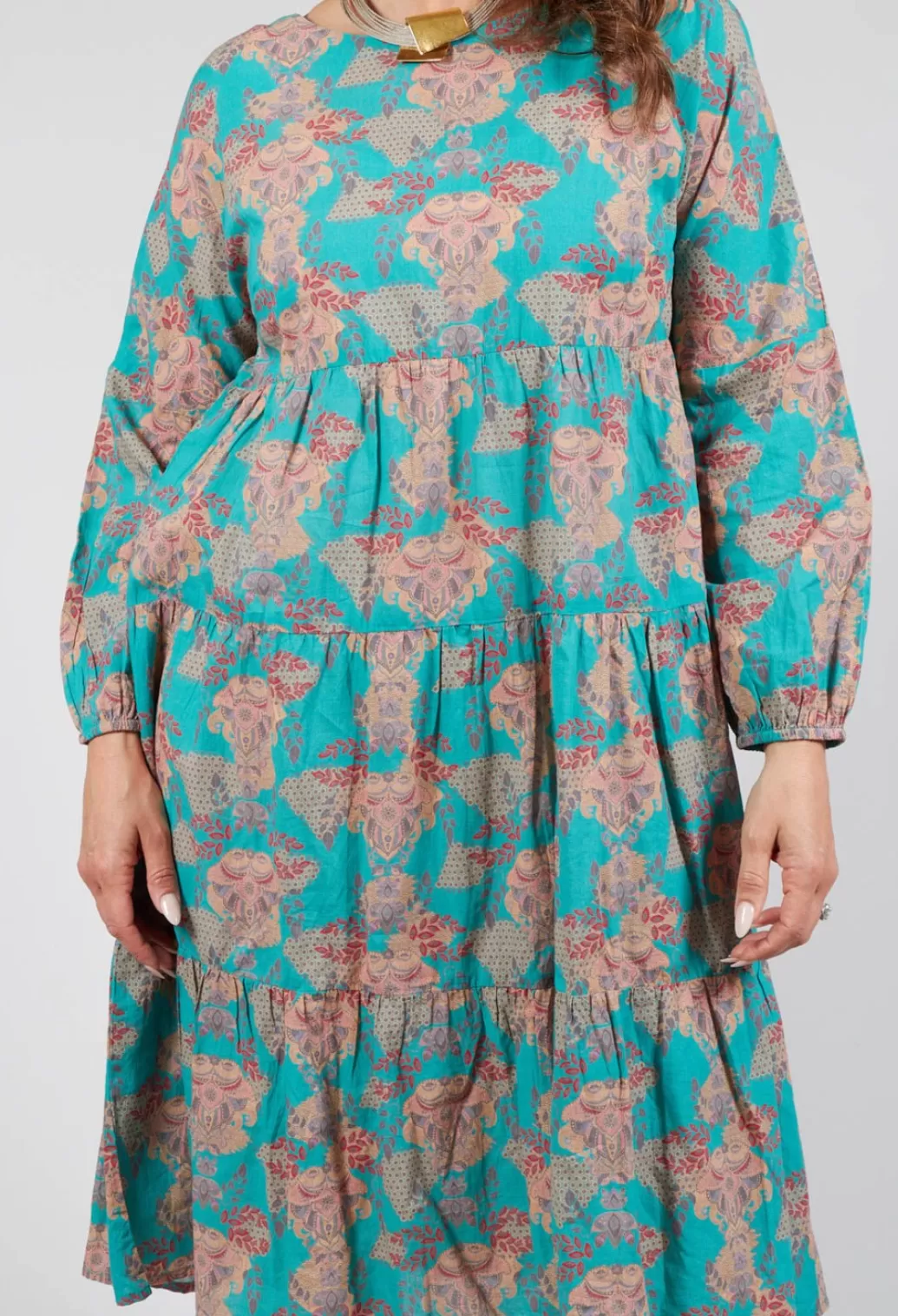Dresses^Rubicon Tiered Vision Of Love Dress In Turquoise With All Over Print