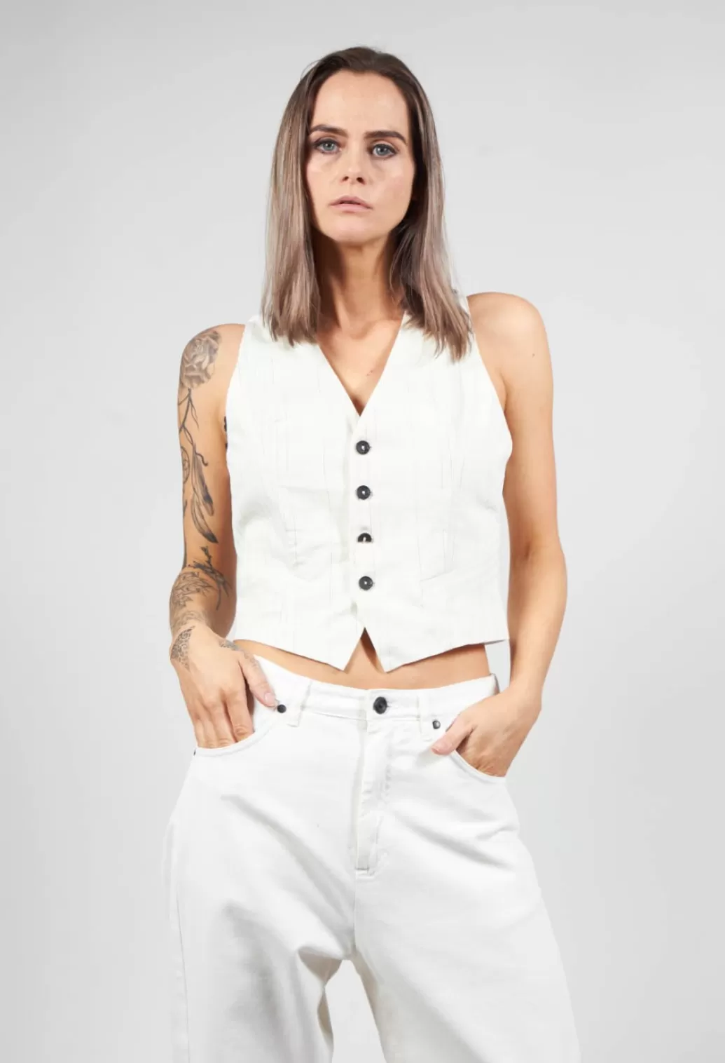 Jackets^Nostra Santissima Waistcoat With Faux Front Pockets In White With Black Stripes