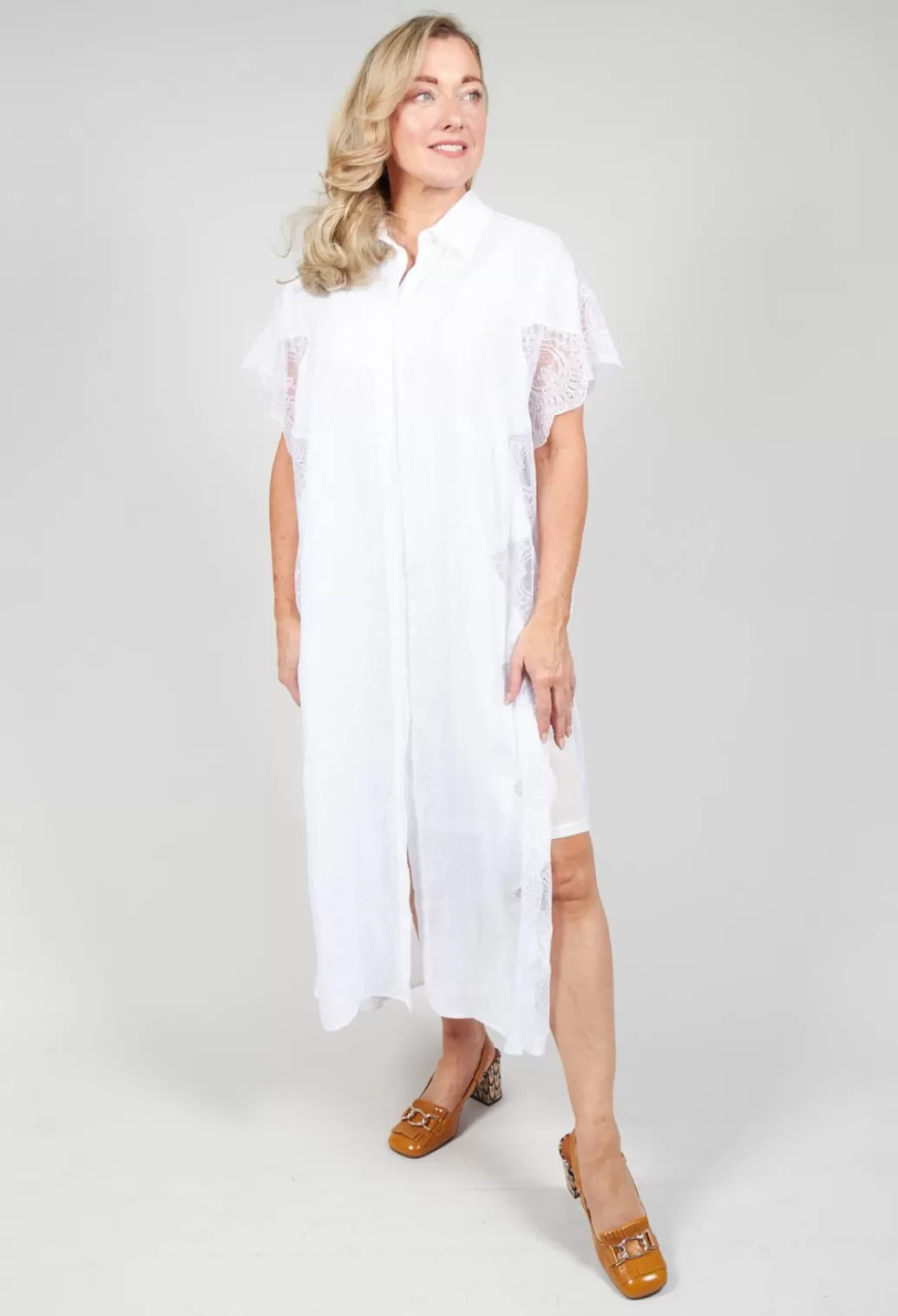 Dresses^Beatrice B White Shirt Dress With Lace Detail