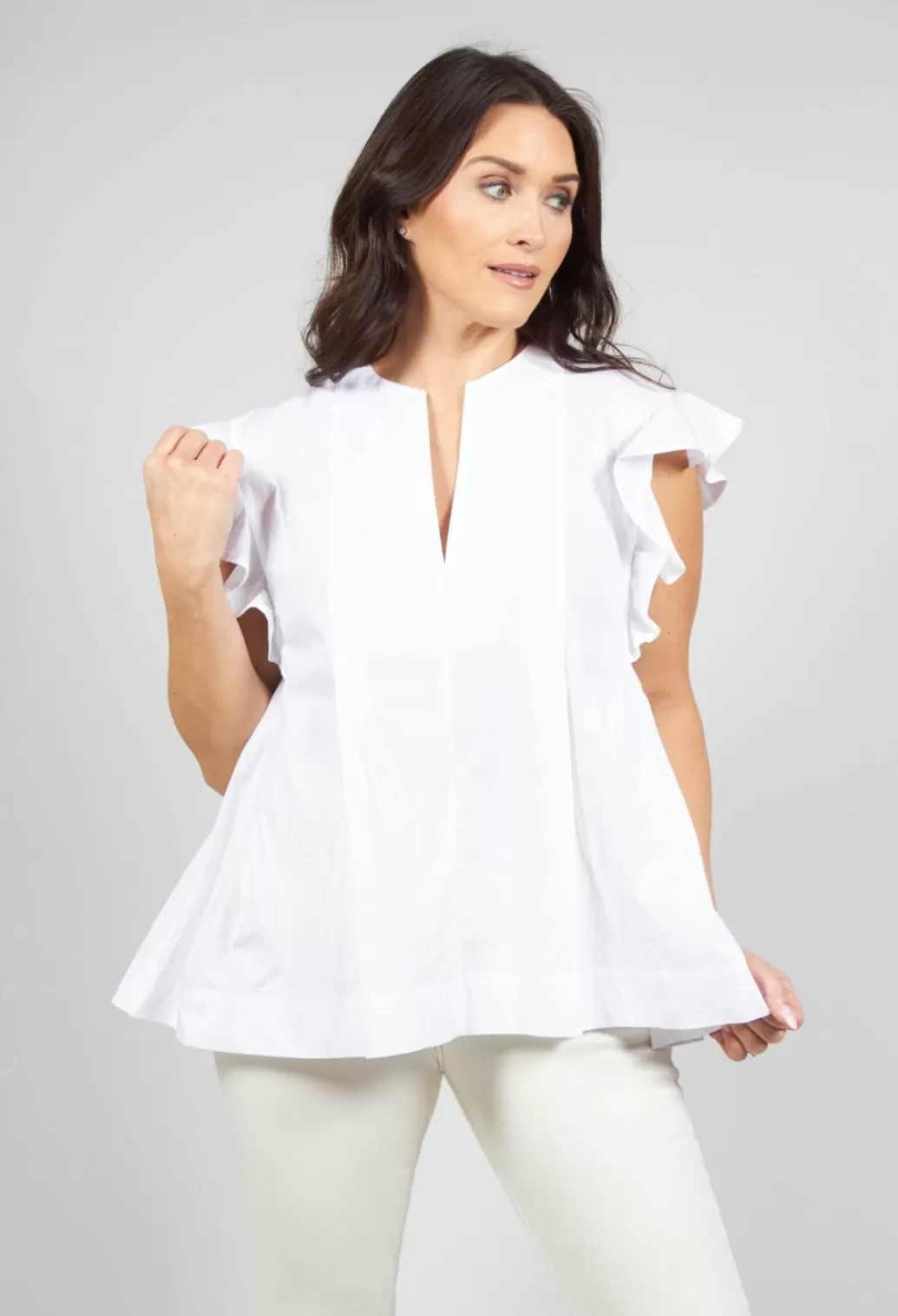 Shirts & Blouses^Beatrice B White V Neck Shirt With Flounce Sleeves
